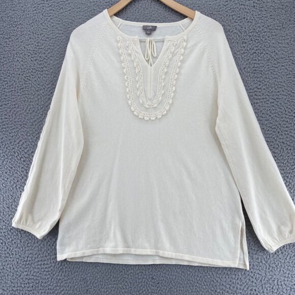 J Jill Sweater Women Small Ivory Crochet Raglan Sleeve Angora Blend Knit Peasant - Picture 1 of 10